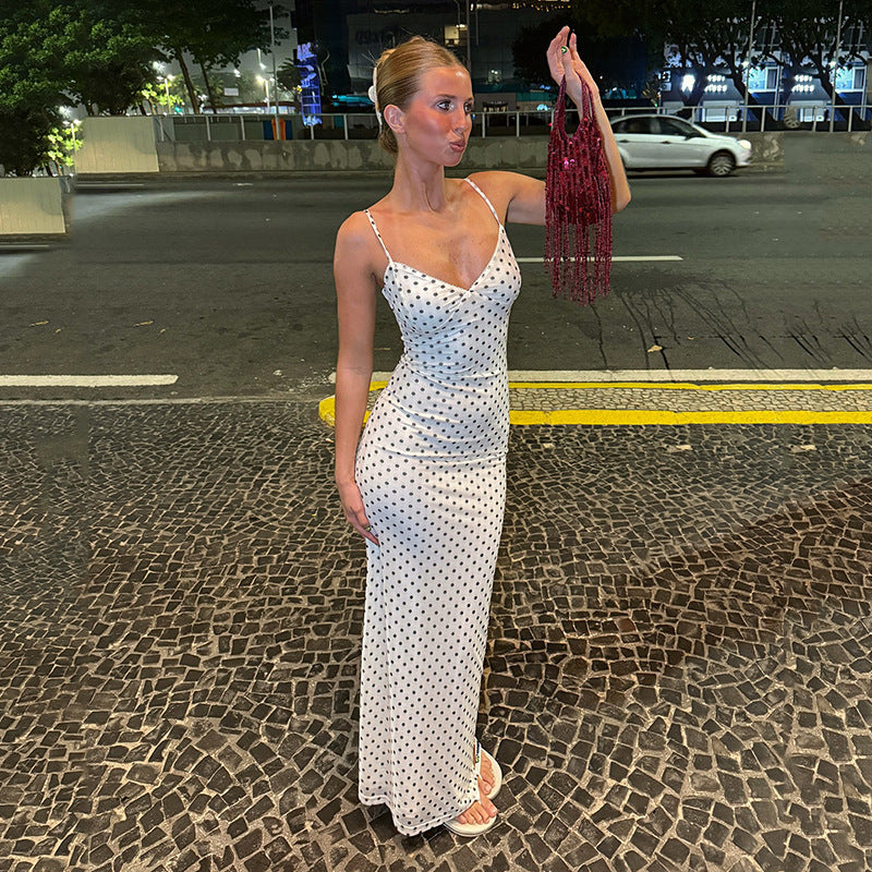 Fashionable Elegant Polka Dot V neck Strap Dress Women Slim Fit Slimming All Matching Sheath Dress by Ragazza