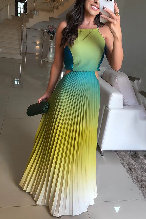 Sleeveless Pleated Backless Gradient Color Dress by Ragazza