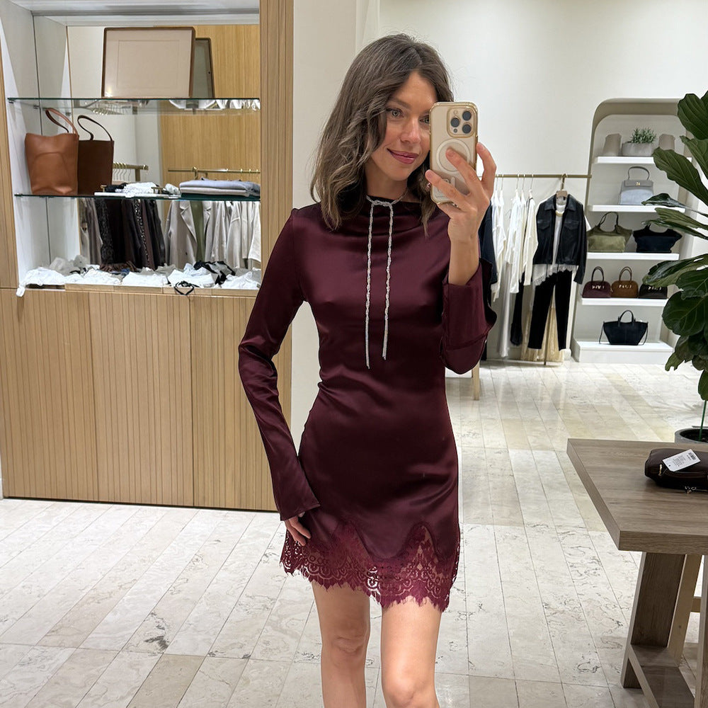 Pure Sexy Elegant Sexy Slim Dress Lace Solid Color Long Sleeve Narrow Dress by Ragazza