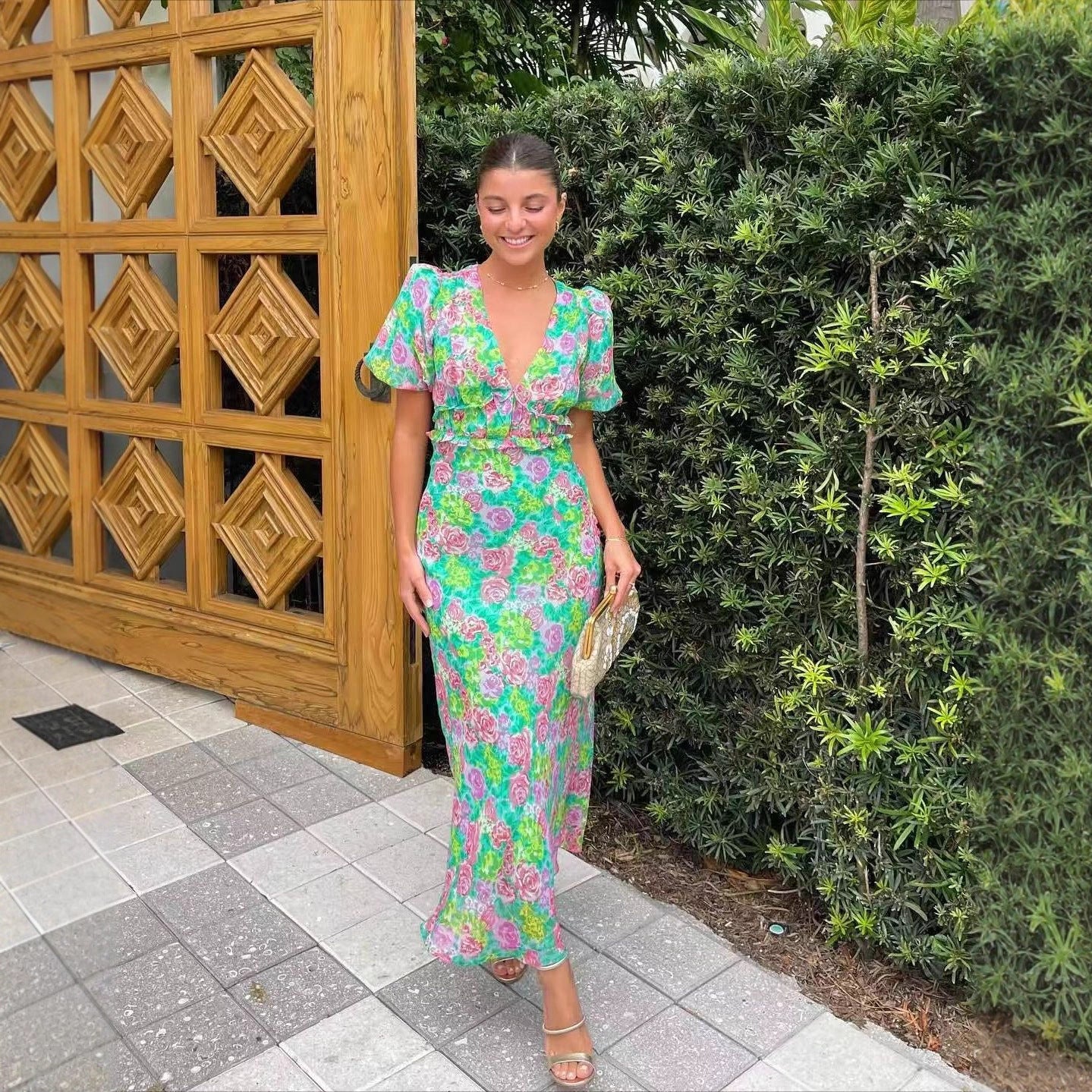 Summer French Puff Sleeve V neck Printing Dress by Ragazza