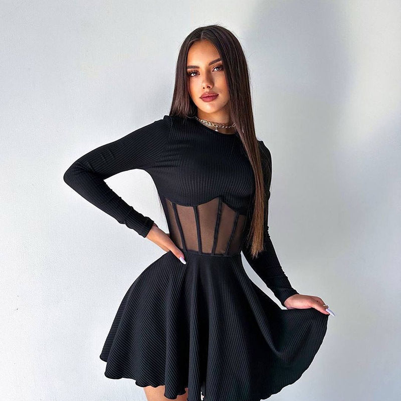 Fall Women Clothing Half High Collar Long Sleeves Mesh Patchwork See through Boning Corset Tight Waist Short Dress by Ragazza