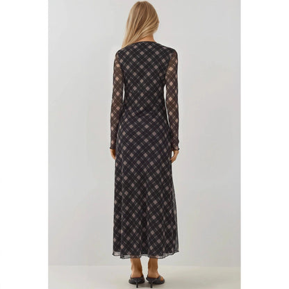Autumn Retro V neck Lace up Plaid Elegant Graceful Slim Dress  DestGlow