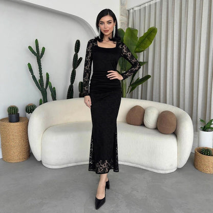 Autumn Winter Women Clothing Fashionable Elegant Lace Stitching Square Collar Slimming Pleated Maxi Dress by Ragazza