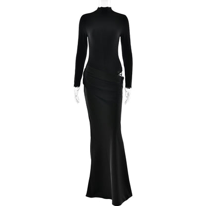 Summer Half High Collar Long Sleeves Dress Sexy Slim Fit Faux Two Piece Solid Color Dress by Ragazza