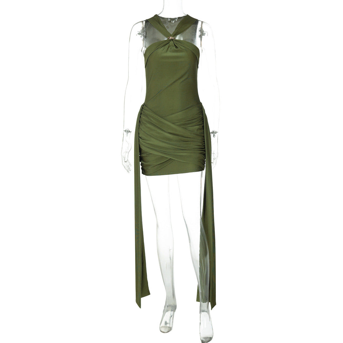 Women Clothing Summer Sleeveless Halter Pleated Waist Tight Slim Sexy Skinny Sheath Dress by Ragazza