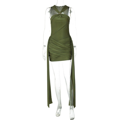 Women Clothing Summer Sleeveless Halter Pleated Waist Tight Slim Sexy Skinny Sheath Dress by Ragazza