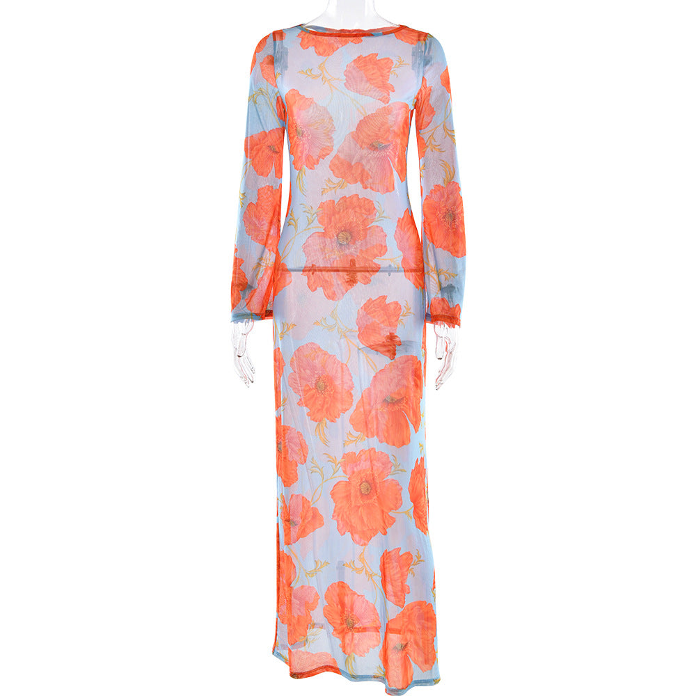 Sexy See through Mesh Floral Print Dress Lazy Casual Wild Dress by Ragazza