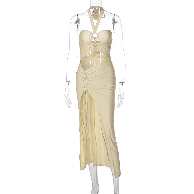 Women Clothing Summer Solid Color Corset Halter Lace up Ring Connection Hollow Out Cutout Slit Dress 