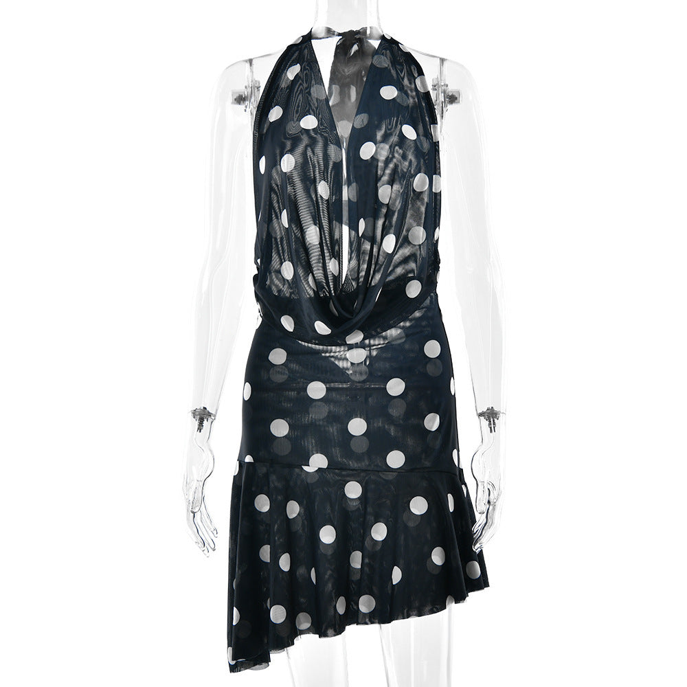 Halter Polka Dot Dress Sexy Lacing Mesh Deep V Plunge Backless Dress by Ragazza