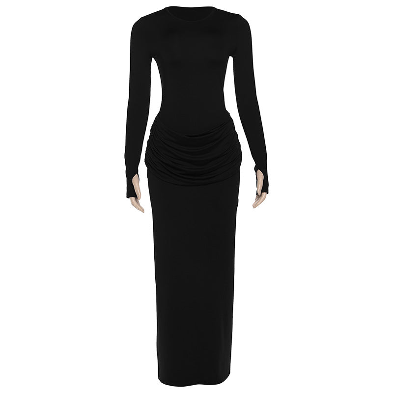 Women Clothing Autumn Winter Slim round Neck Solid Color Fold Split Long Sleeve Elegant Dress for Women by Ragazza