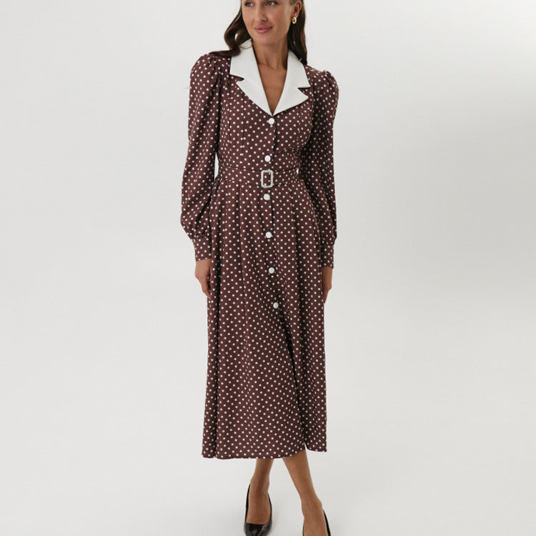 Women Clothing Elegant Polka Dot Dress Collared Long Sleeve Single Breasted High Waist Office Dress by Ragazza