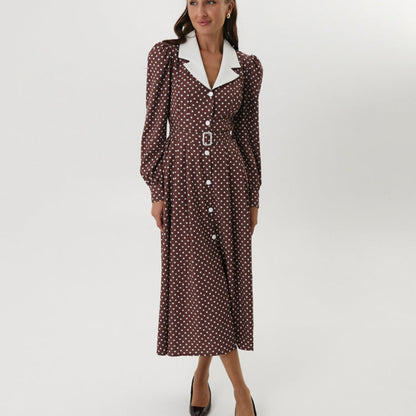 Women Clothing Elegant Polka Dot Dress Collared Long Sleeve Single Breasted High Waist Office Dress by Ragazza