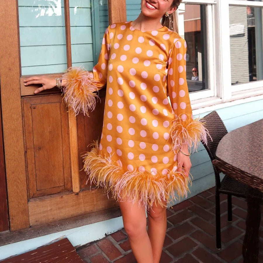 Spring Summer Satin Printed Long Sleeved Dress Loose Vacation Women Dress  DestGlow