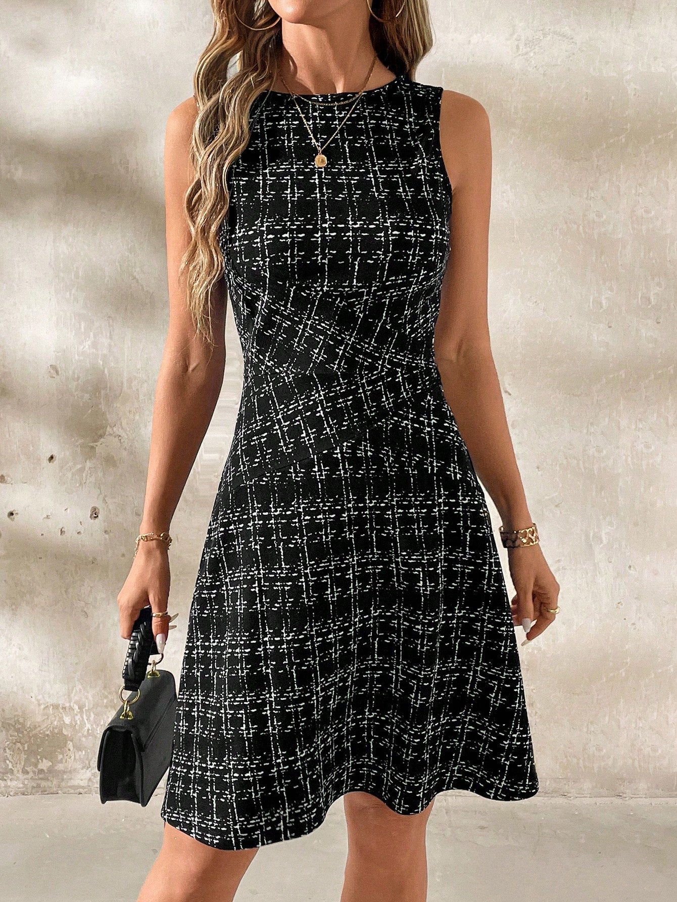 Spring Summer Striped Plaid Crew Neck Sleeveless Color Matching Waist Pleating Mid Length Dress Women Top by Ragazza