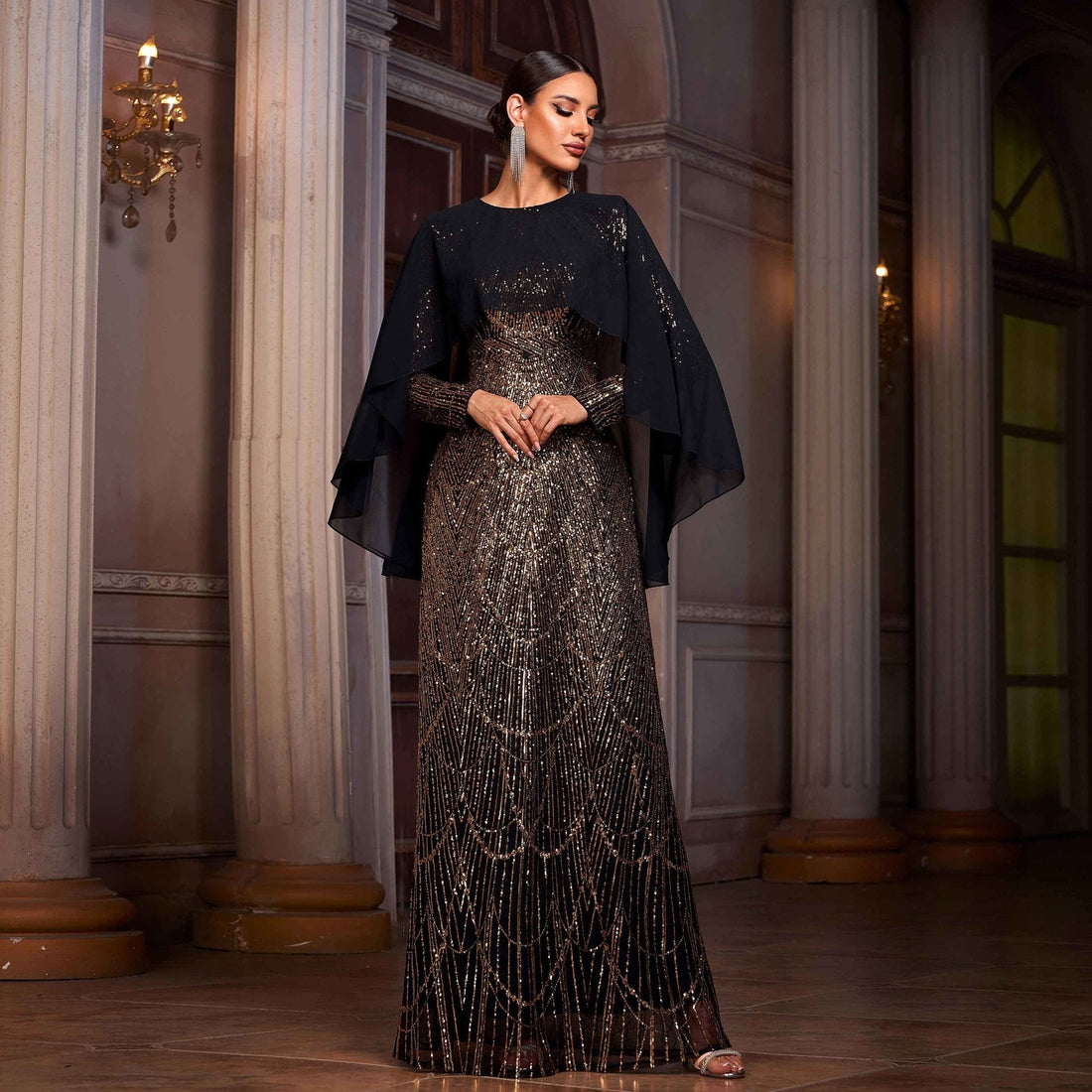 Women Clothing High Grade Long Sleeved round Neck Shawl Cocktail Sequined A Swing Evening Dress Women by Ragazza
