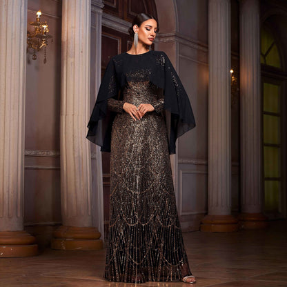 Women Clothing High Grade Long Sleeved round Neck Shawl Cocktail Sequined A Swing Evening Dress Women by Ragazza