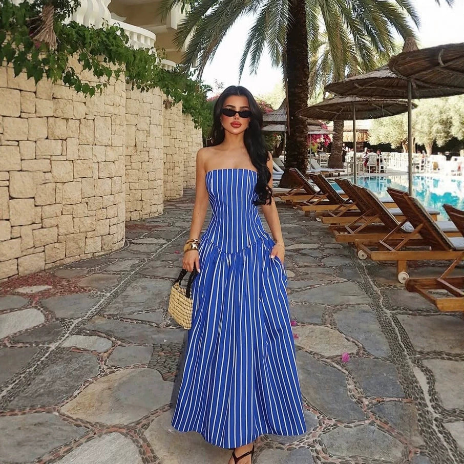 Dress Striped Print Wrapped Chest Nipped Waist Sexy Large Swing Dress by Ragazza