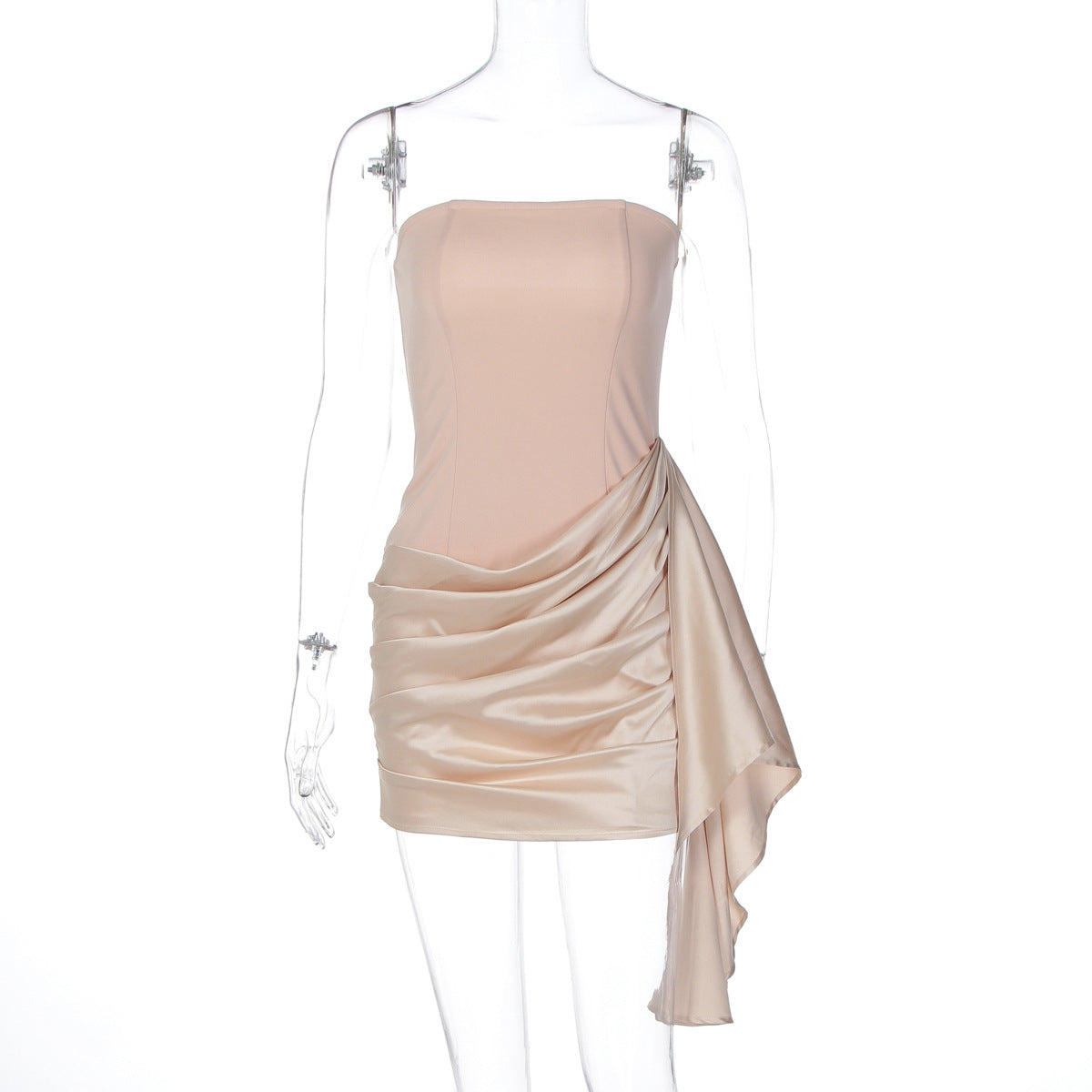 Women Clothing Autumn Satin Stitching Graceful Tube Top Sheath Pleated Slim Dress for Women by Ragazza