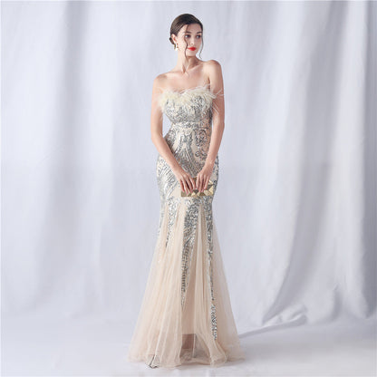 Ostrich Feather Positioning Floral Cutting Wedding Annual Meeting Tube Top Sequin Gauze Evening Dress by Ragazza