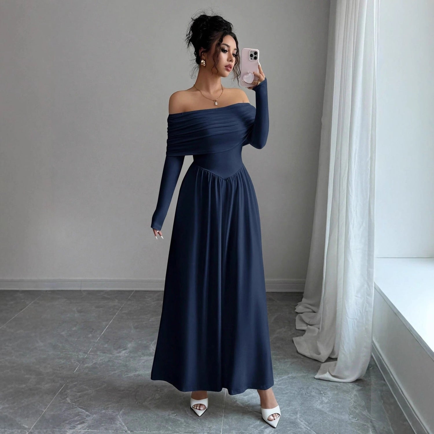 Off Shoulder Dress Women French Tea Break High Sense Cinched Slimming Maxi Dress by Ragazza