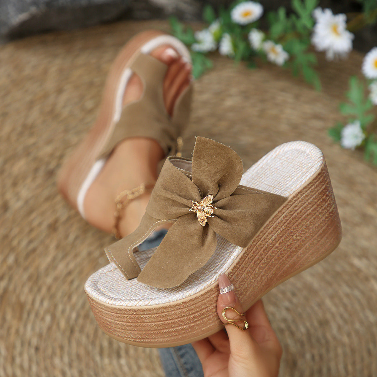 Metal Buckle Suede Toe Covering Wedge Slippers Women Bow Platform Muffin Beach Sandals  DestGlow
