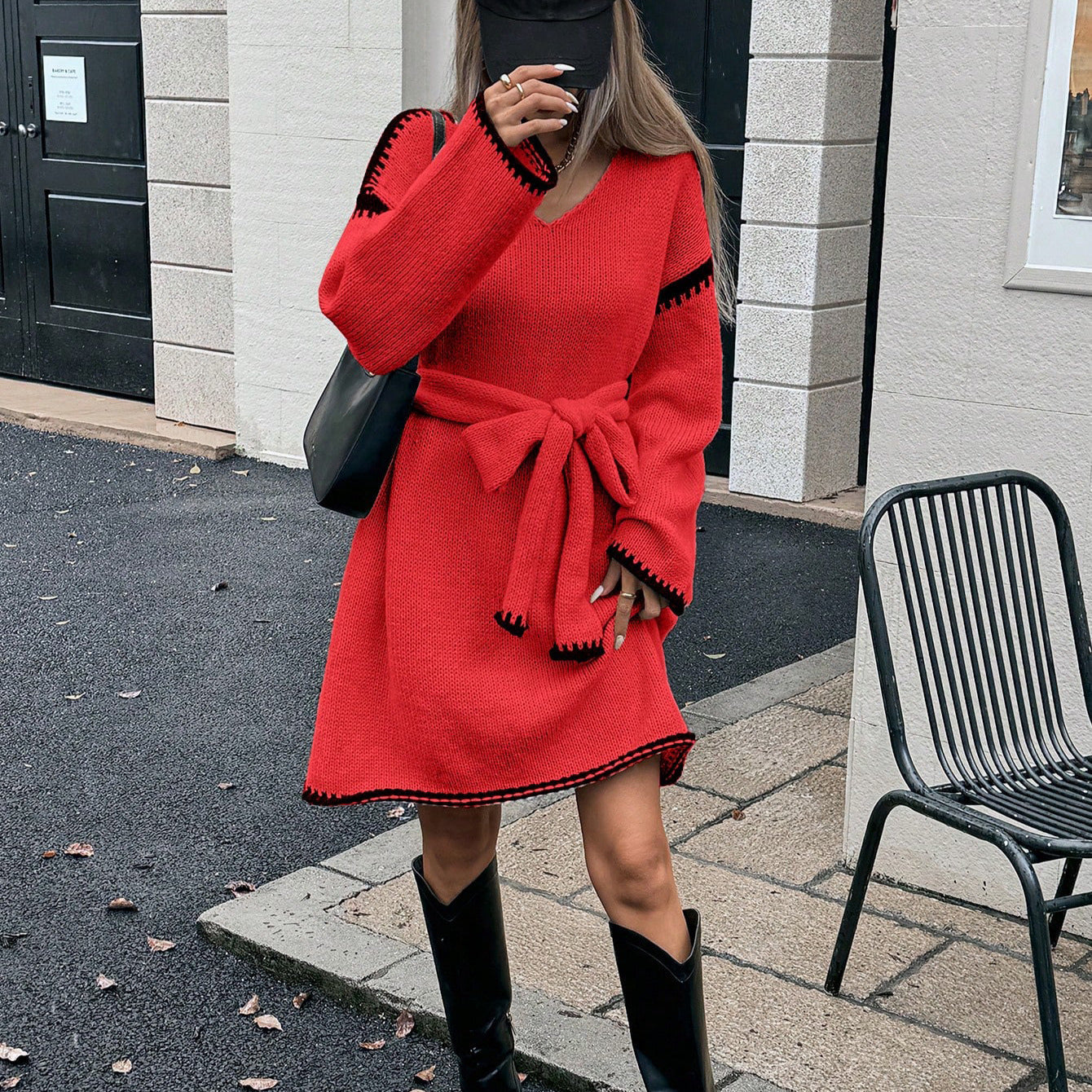 Idle Tie Waist Trimming Loose Knitted V neck Long Sleeve Fall Mid Length Dress Women by Ragazza