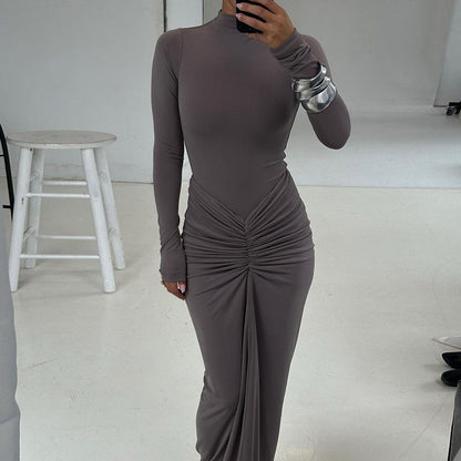 Autumn Winter Sexy Slimming Beam Waist Solid Color Maxi Dress Pleated Dress Women by Ragazza