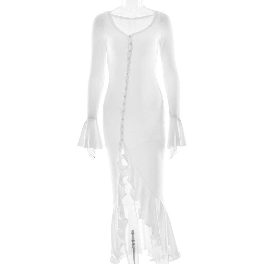 Sexy Sexy Solid Color Waist Tight Bell Sleeve Dress Single Breasted Side Slit Dress by Ragazza