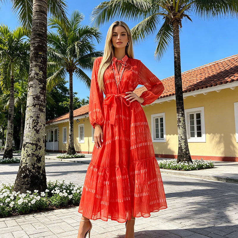 Artistic Retro Dress Autumn Nipped Waist Plaid Contrast Color Elegant High Grade Dress Women  DestGlow
