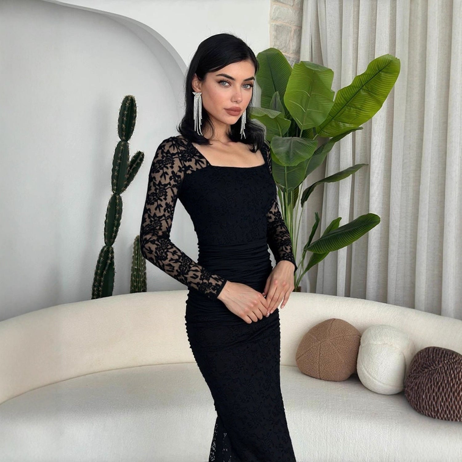 Autumn Winter Women Clothing Fashionable Elegant Lace Stitching Square Collar Slimming Pleated Maxi Dress by Ragazza