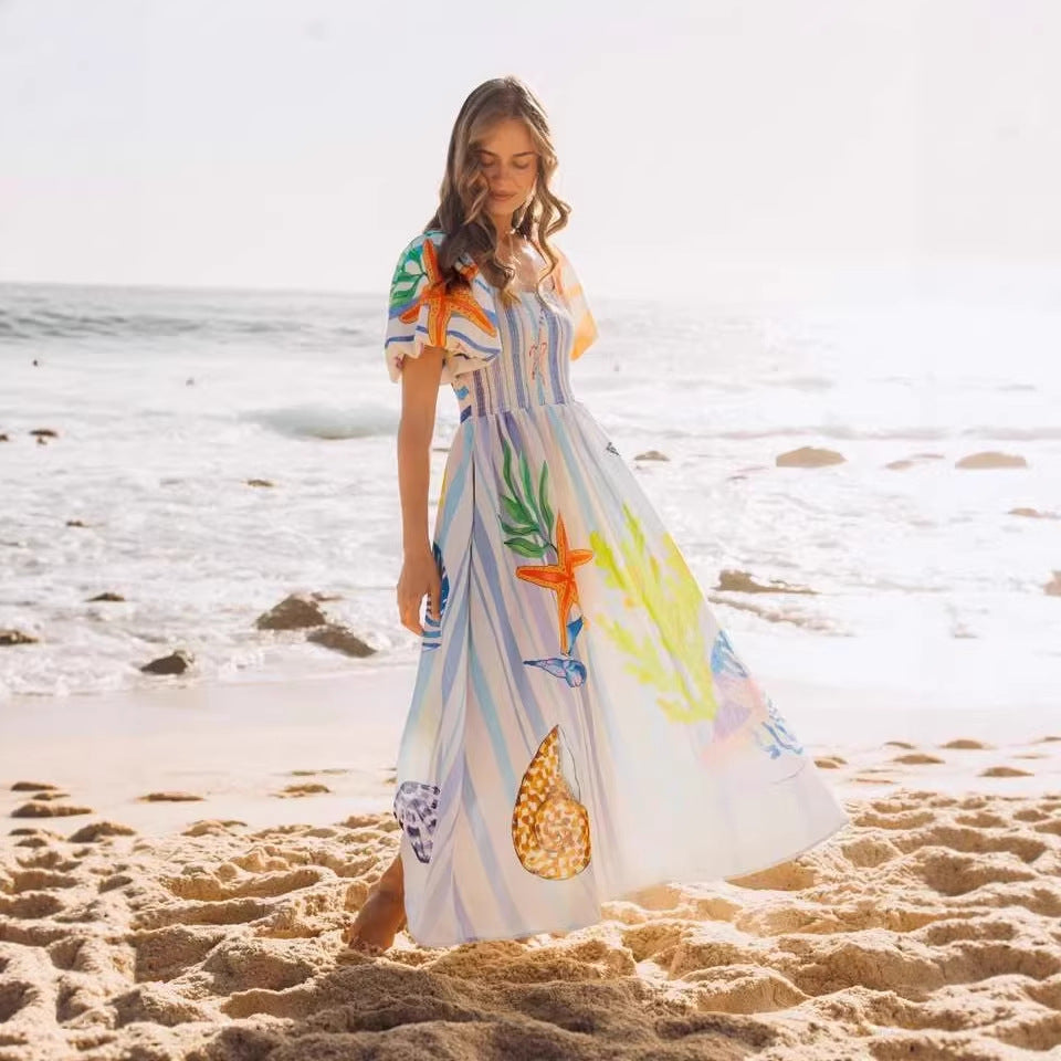 Dress Submarine Creature Printed Vacation Puff Sleeve Dress by Ragazza
