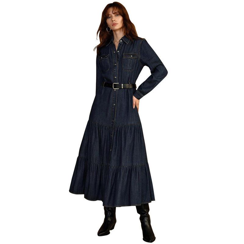 Women Clothing Denim Long Sleeve Breasted Waist Dress（Without Belt） by Ragazza