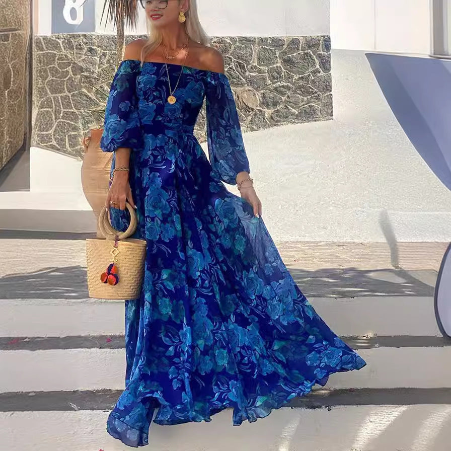 Sexy off Neck Printed Large Swing Maxi Dress by Ragazza