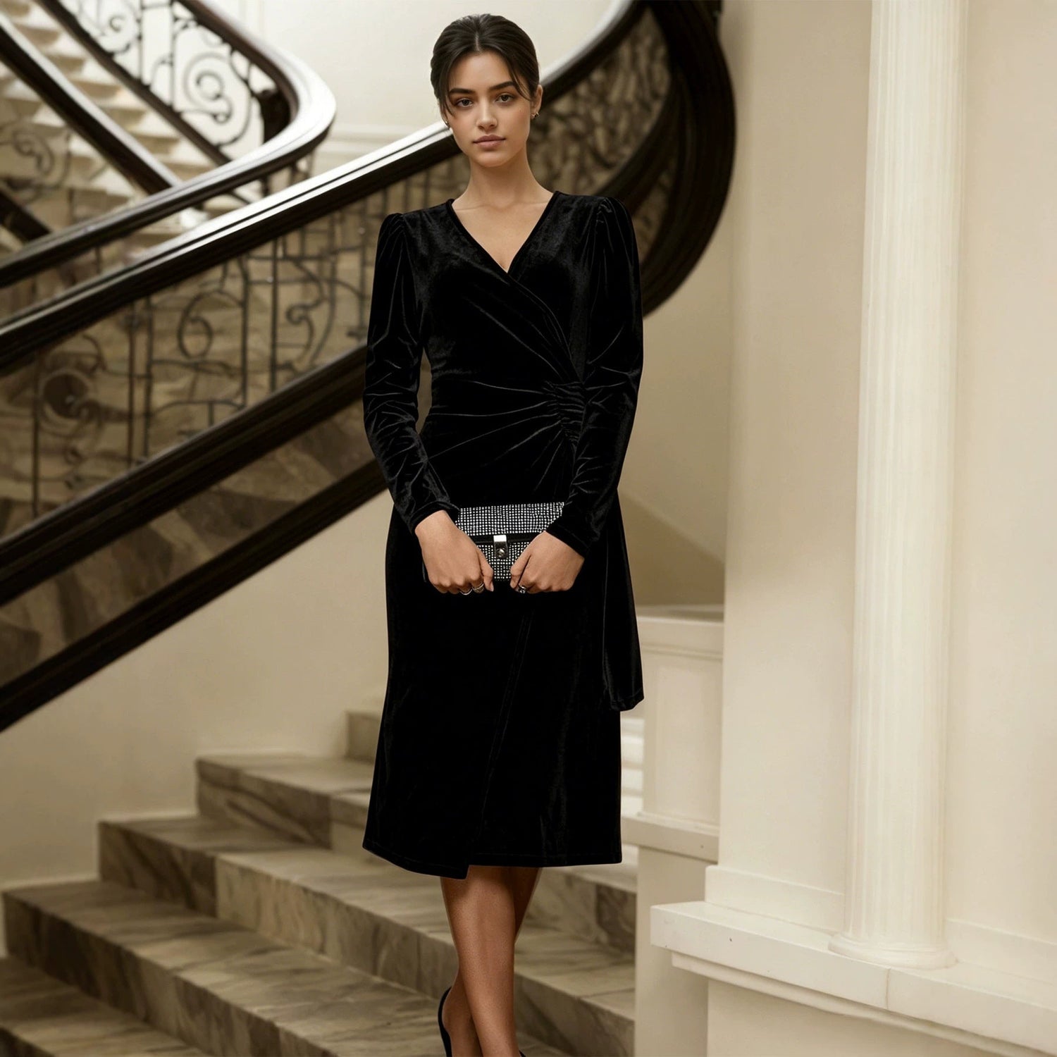 Autumn Winter Velvet V neck Waist Controlled Slimming Pleated Wrap Mid Length Graceful Formal Dress  DestGlow