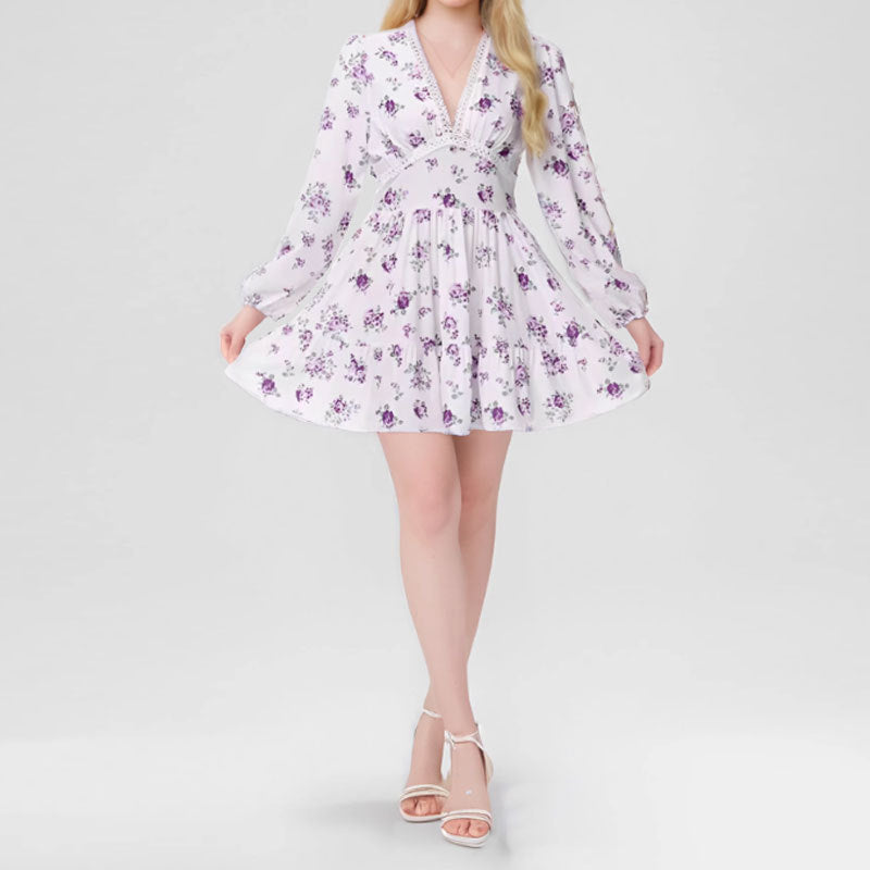 Spring Women Clothing Sweet Elegance Printed V neck Lace Waist Trimming Short Dress by Ragazza