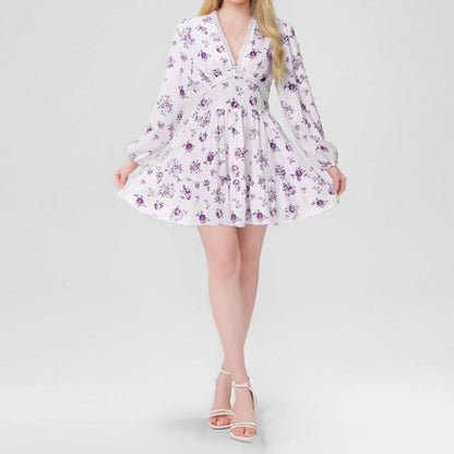 Spring Women Clothing Sweet Elegance Printed V neck Lace Waist Trimming Short Dress by Ragazza