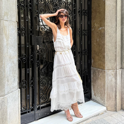 Bohemian White Long Lace Stitching Tiered Dress Women Summer Lazy Casual Suspenders Dress Without a belt by Ragazza