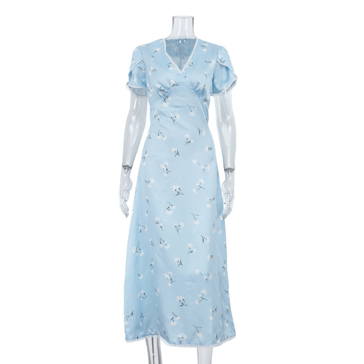 High Grade Satin Printed V neck Short Sleeved Elegant A line Dress Women Elegant Dress  DestGlow