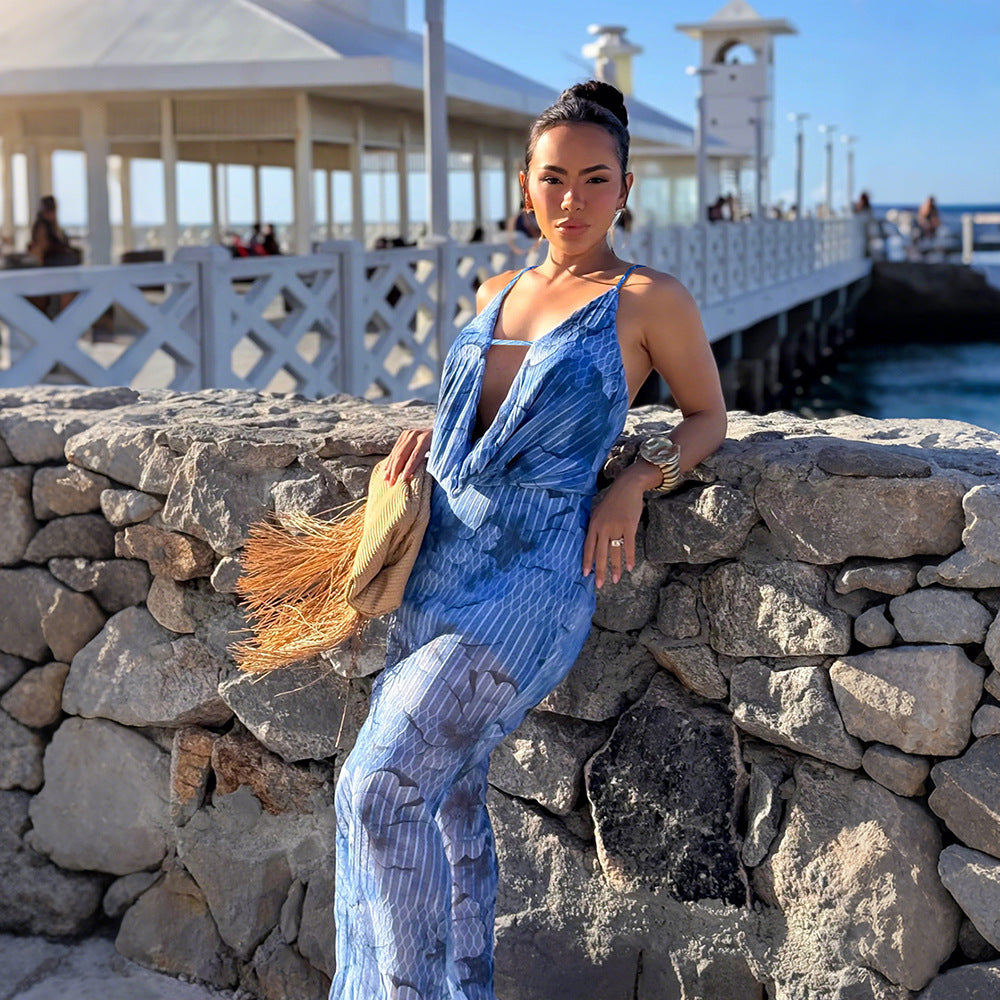 Sexy Deep V Plunge Strap Printed Slim Fit Maxi Dress Dress by Ragazza