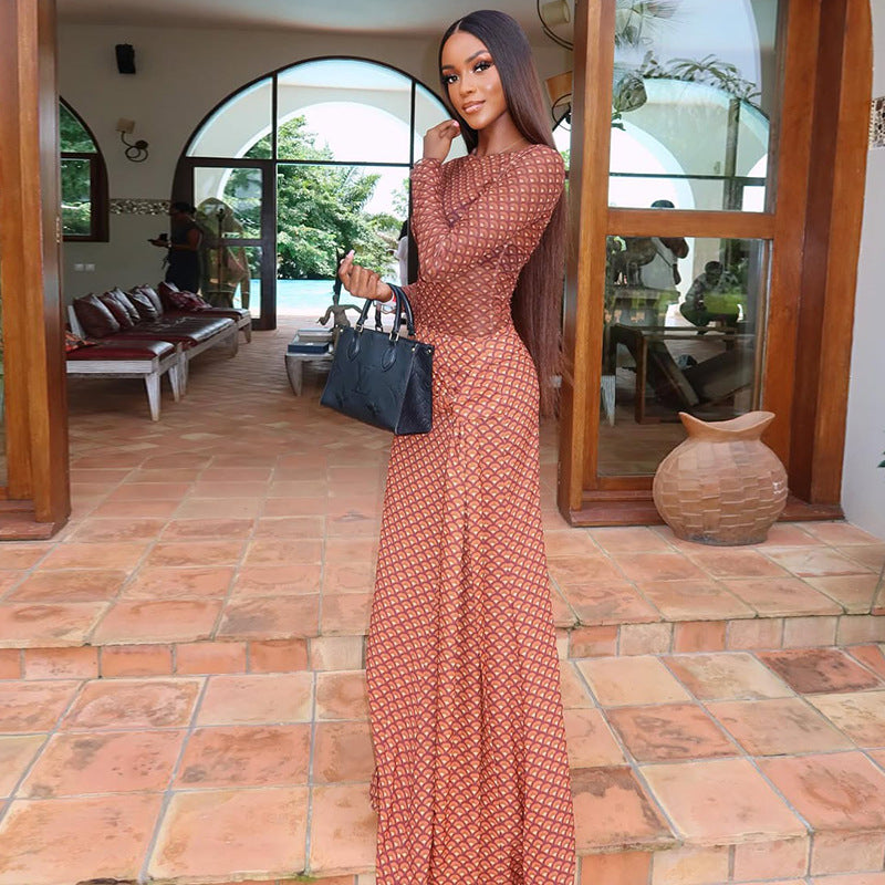 Women Pleated Strap Printing A line Dress round Neck Long Sleeve Casual Holiday Dress by Ragazza
