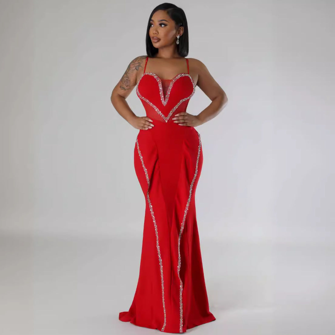 Sexy Rhinestone Mesh See Through Stitching Lace Hip Elastic Sling Dress by Ragazza