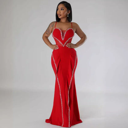 Sexy Rhinestone Mesh See Through Stitching Lace Hip Elastic Sling Dress by Ragazza