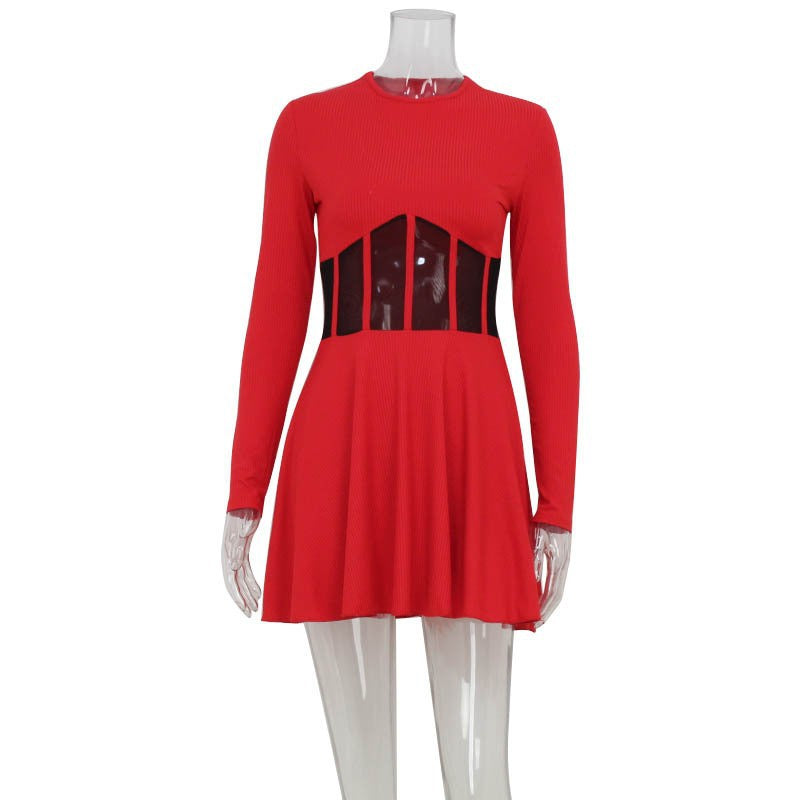 Fall Women Clothing Half High Collar Long Sleeves Mesh Patchwork See through Boning Corset Tight Waist Short Dress by Ragazza