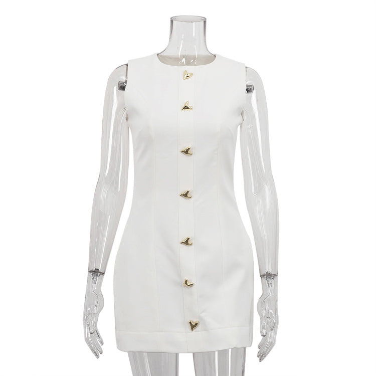 Women Clothing Arrival White Short French Dress Sleeveless round Neck Waist Controlled Vest Dress by Ragazza