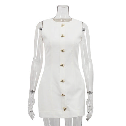 Women Clothing Arrival White Short French Dress Sleeveless round Neck Waist Controlled Vest Dress by Ragazza