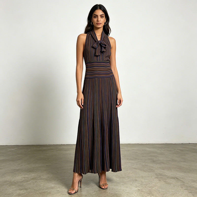 Artistic Retro Contrast Color Striped Dress Sleeveless Halter Collar Fitted High Waist Slimming Dress  DestGlow