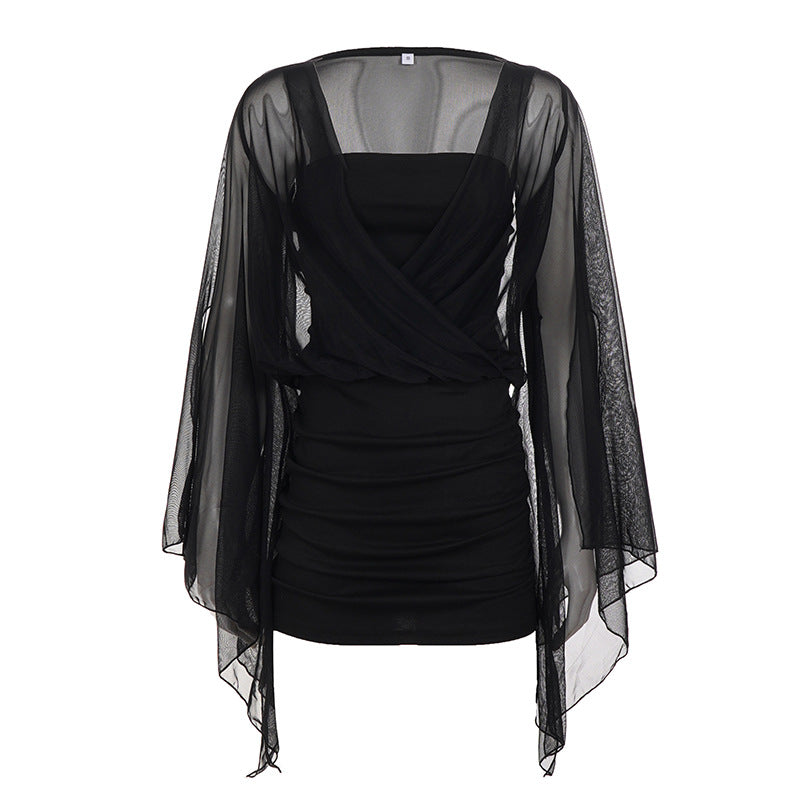 Black Mesh Yarn False Two Pieces Irregular Asymmetric Dress Women Sexy Lace Package Hip Dress  DestGlow