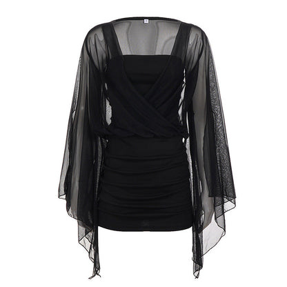 Black Mesh Yarn False Two Pieces Irregular Asymmetric Dress Women Sexy Lace Package Hip Dress  DestGlow