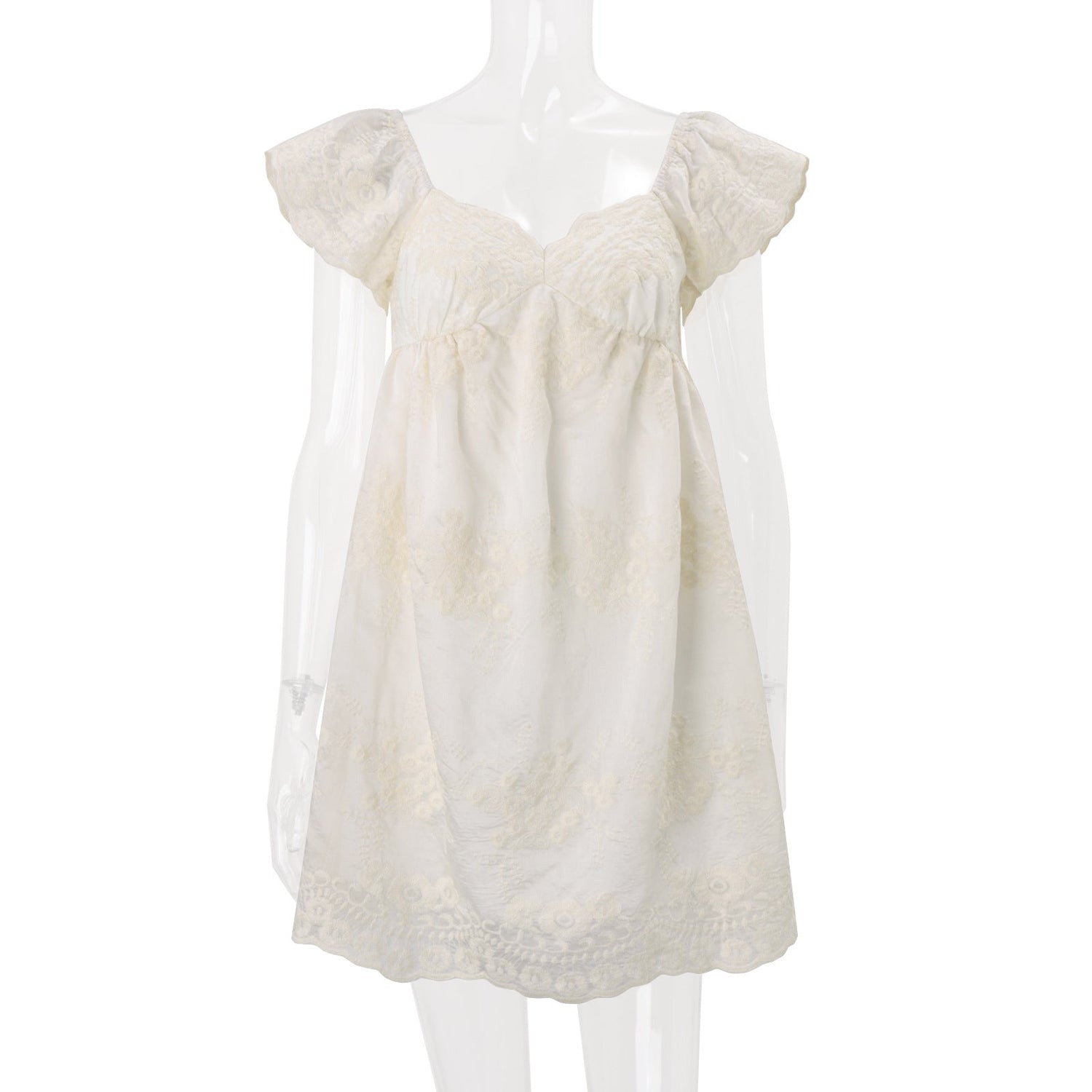 Women Clothing Summer Lace Embroidered Loose Puff Sleeves Sweet Elegance Dress  DestGlow