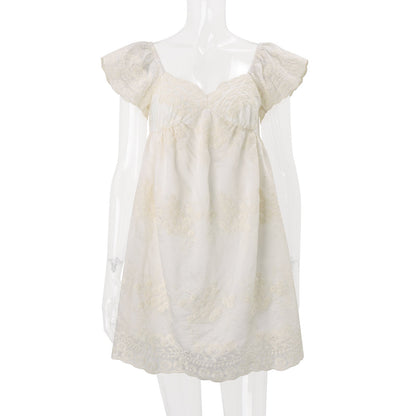 Women Clothing Summer Lace Embroidered Loose Puff Sleeves Sweet Elegance Dress  DestGlow